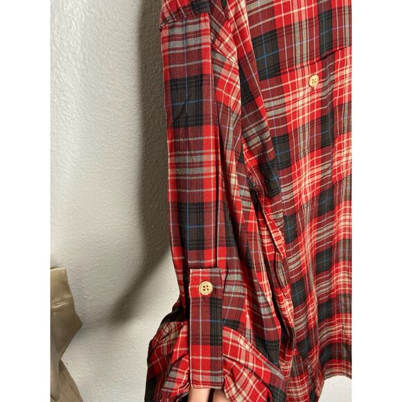 Max Studio Flannel Button Down Shirt Roll Tab Long Sleeve Plaid Red Black Size S - Picture 4 of 9